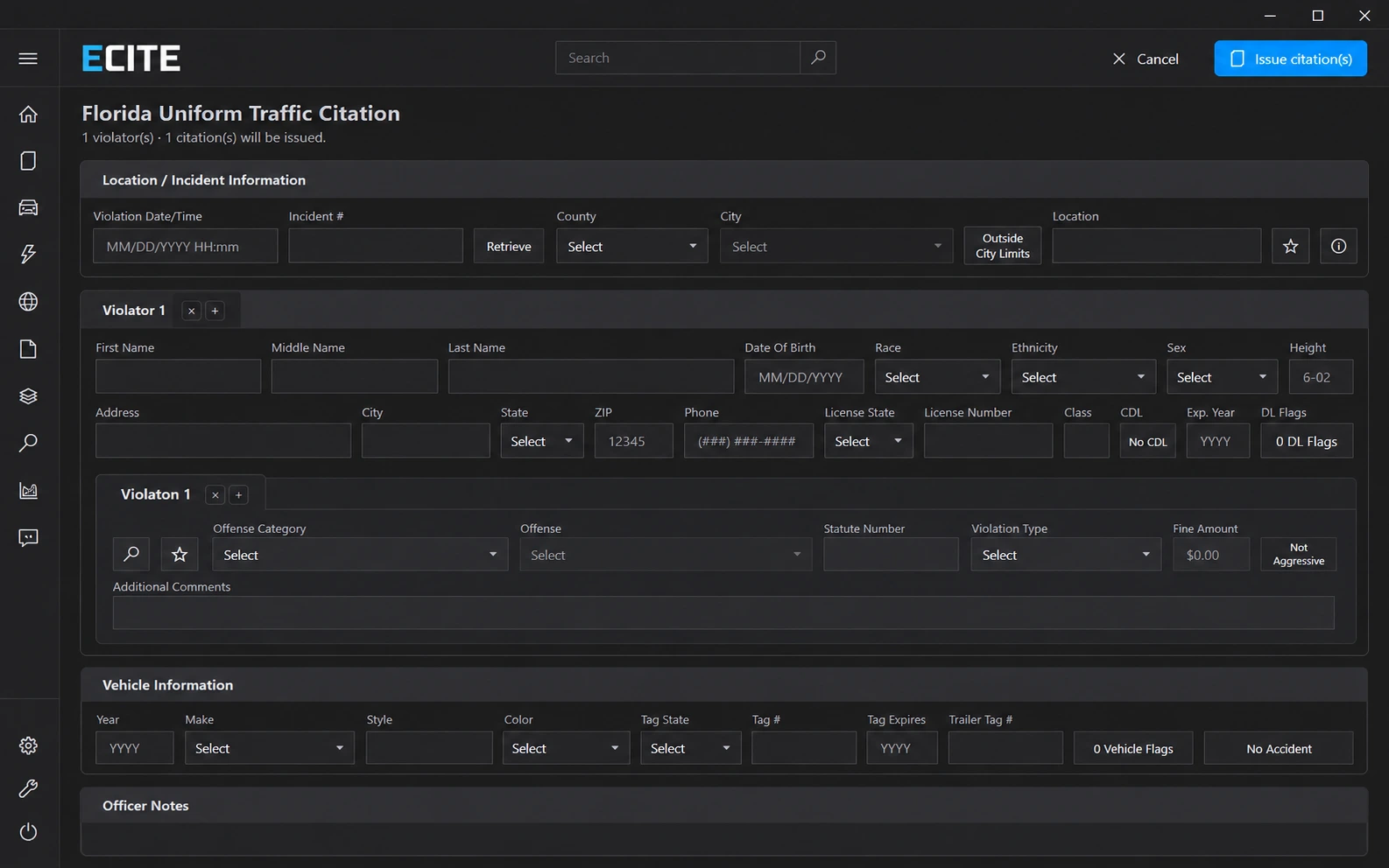 Illustrative ECITE citation workspace with collapsed icon-only navigation and sections for incident, violator, violation, and vehicle information.