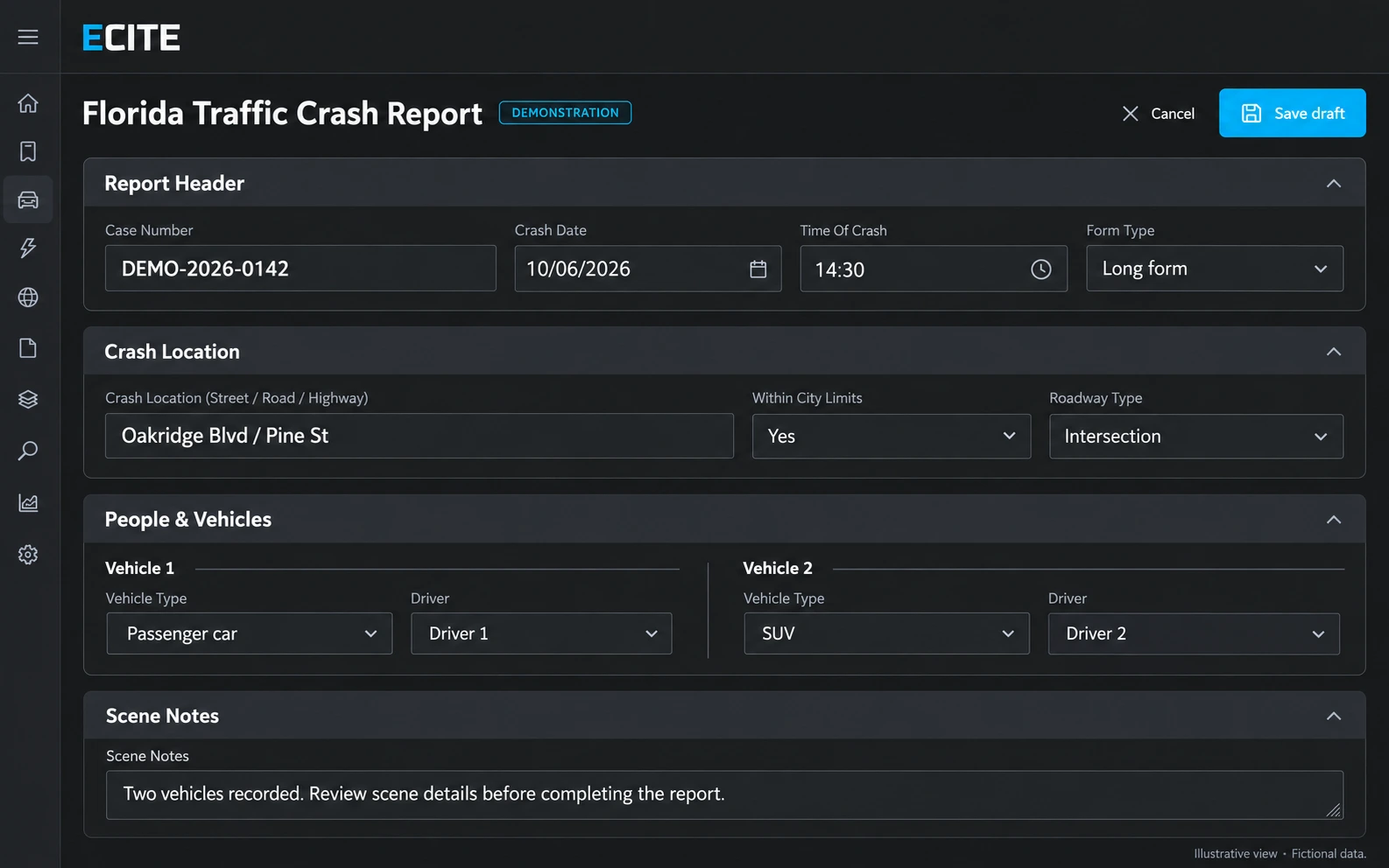 Simulated ECITE crash report with a collapsed navigation rail, fictional report details, crash location, and two example vehicles.